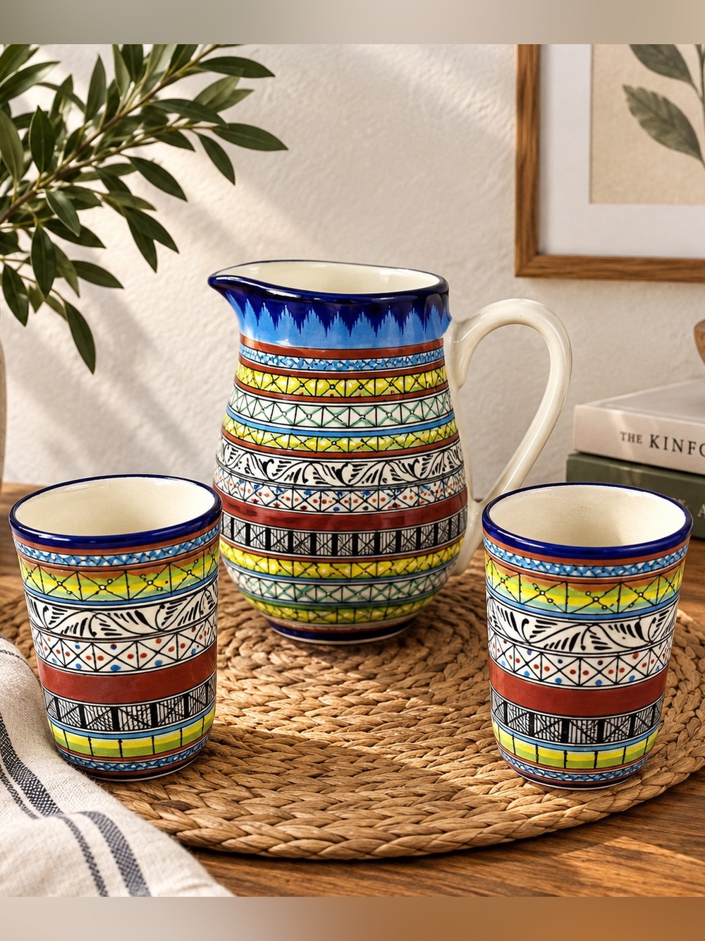 Hand Painted Mexican Pottery Pitcher & 2 Tumblers Set Talavera Style Mexico